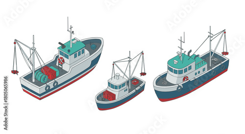 Isometric fishing boats collection with detailed design of marine vessels in various sizes