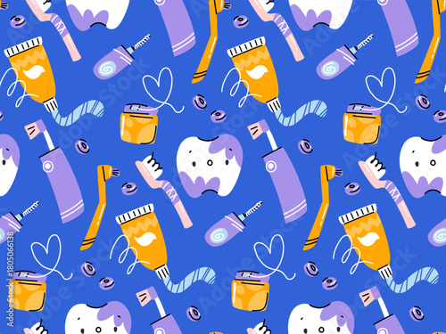 Dental pattern. A tooth stained with plaque tablet among toothbrushes, toothpastes, and dental floss