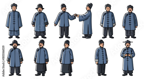 Chinese men in traditional clothing various poses