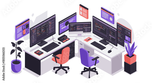 Modern office workspace with dual monitors and coding screens in isometric design