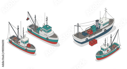 Isometric fishing boats and cargo ship with containers and maritime equipment
