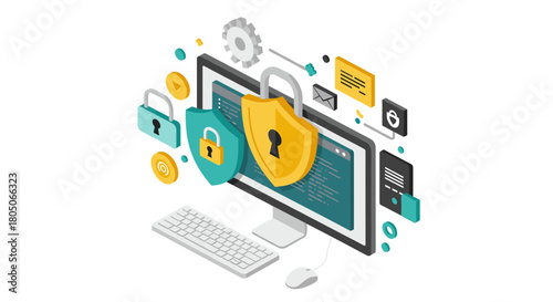Isometric digital security concept with locked shields and computer elements