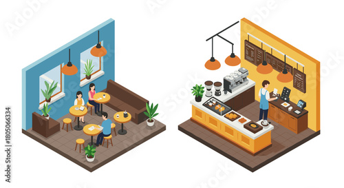 Isometric coffee shop interior with customers and barista in cozy setting