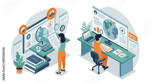 Isometric office setup for digital data analysis and global collaboration