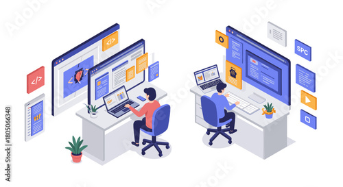 Developers working on desktop computers with code and graphics in isometric design