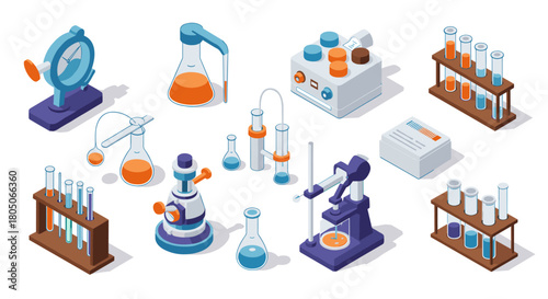 Isometric laboratory equipment collection with test tubes, beakers, and microscope