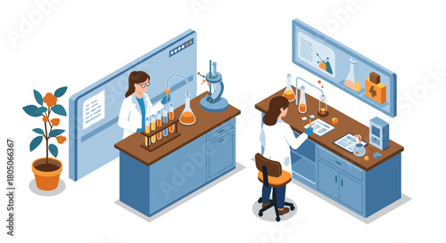 Scientists in an isometric lab setting conducting experiments with laboratory equipment