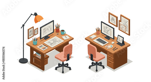 Creative home office workspace with artistic desk setup and comfortable seating in isometric style