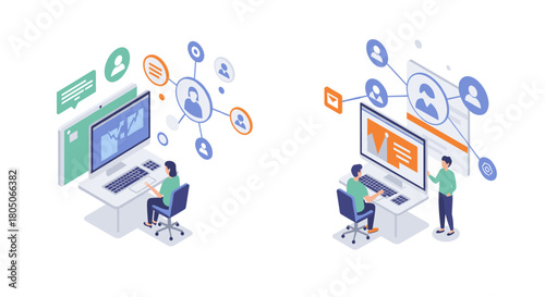Isometric office scene with digital collaboration and data analysis