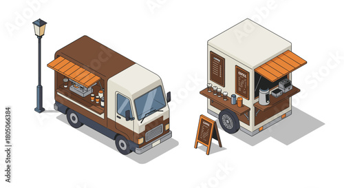 Isometric coffee truck with menu and beverages under street lamp