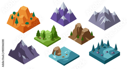 Isometric mountain and landscape set with diverse terrains and colors