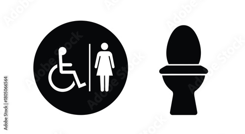 Bathroom signage depicting accessible and female restroom symbols with toilet icon
