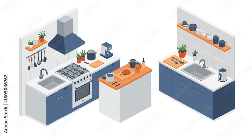 Obraz premium Modern isometric kitchen design with appliances and decor