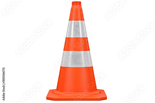 Bright orange traffic cone with reflective stripes isolated on transparent background