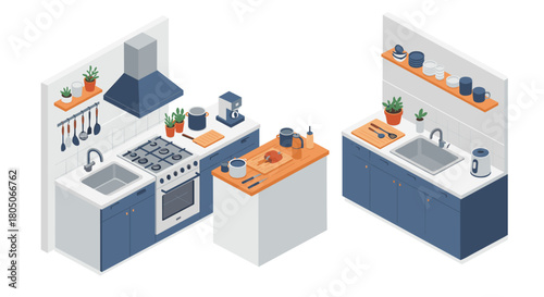 Modern isometric kitchen design with appliances and decor