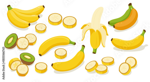 Colorful isometric bananas and kiwi slices on white background