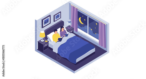 Cozy night in: couple relaxing in bed with technology under moonlit sky