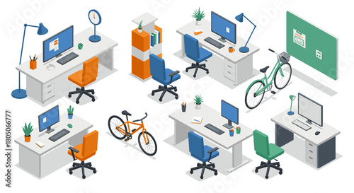 Modern office workspace: isometric design with desks, chairs, and bicycles
