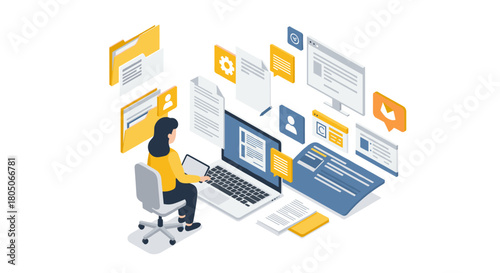 Isometric office workspace with digital documents and communication icons