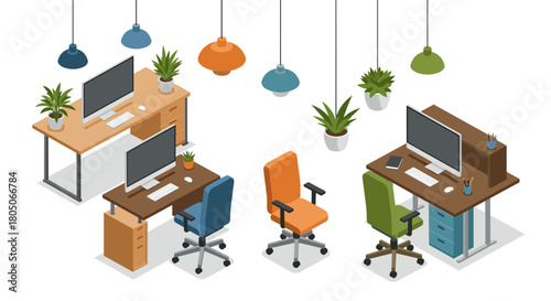 Modern isometric office workspace with desks, chairs, and hanging lamps