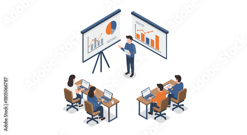 Business presentation with data charts in modern isometric office setting