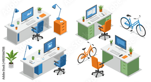 Modern isometric office desks with bicycles and tech gadgets for creative workspaces