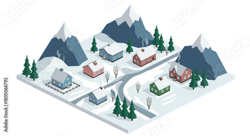 Isometric winter village with snowy mountains and pine trees