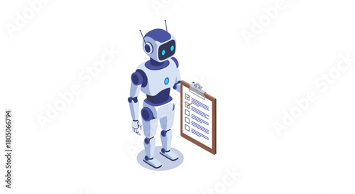Isometric robot with task checklist on clipboard for workflow automation concept