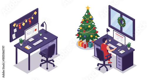 Isometric office christmas decor with festive tree, gifts, and workstation setup