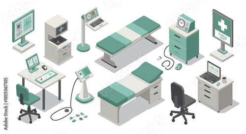 Modern isometric medical office furniture and equipment set for healthcare design
