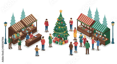 Isometric christmas market with festive decor, gifts, and people celebrating