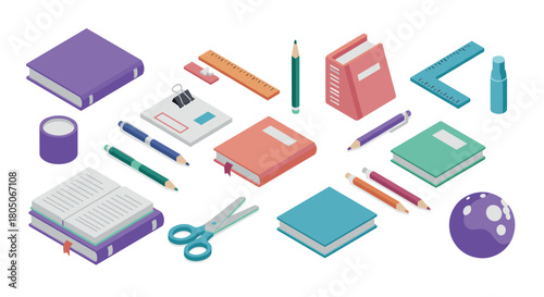 Colorful isometric school supplies set with books and stationery