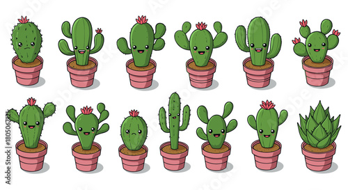 Cute cartoon cactus collection in pots with happy faces and flowers