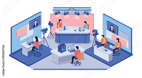 Modern broadcast studio with journalists and cameramen in isometric design
