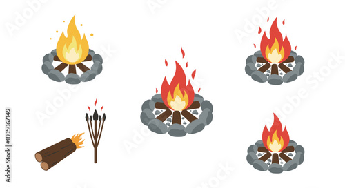 Collection of colorful campfire and burning torch designs