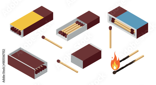 Isometric matchbox set with matches and flames in perspective view