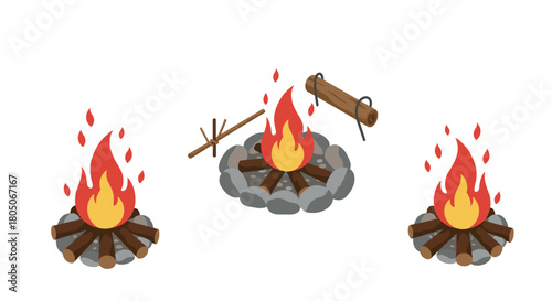 Animated campfire set with stones and flames for outdoor adventure graphics