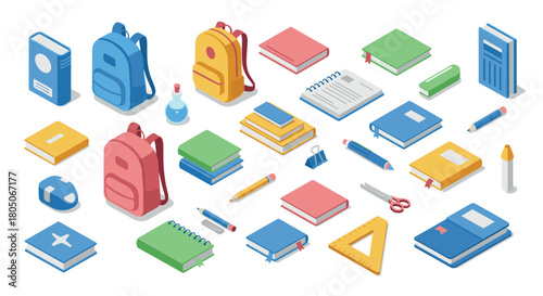Colorful isometric school supplies collection featuring books, backpacks, and stationery
