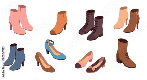 Collection of stylish isometric women's footwear including boots and heels