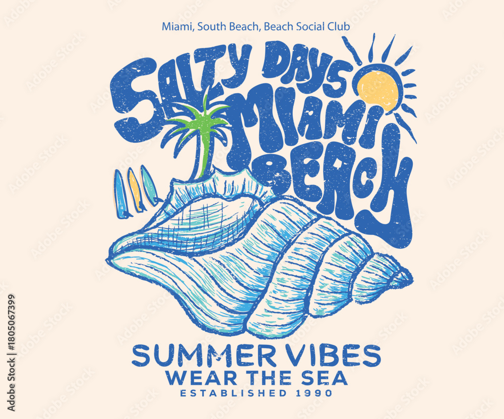 Fototapeta premium Seashell line drawing. Palm tree and surfing board design. Sound of the sea. Seashell vintage artwork. Summer vibes artwork.