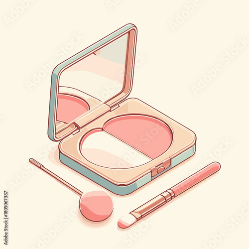 Cosmetic blush compact with mirror, brush, and applicator on soft pastel background