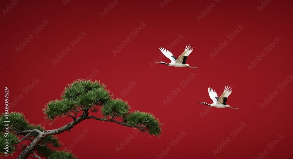 Naklejka premium Two elegant red-crowned cranes in flight against a vibrant red background, gracefully passing a traditional japanese pine branch, symbolizing longevity and good fortune.