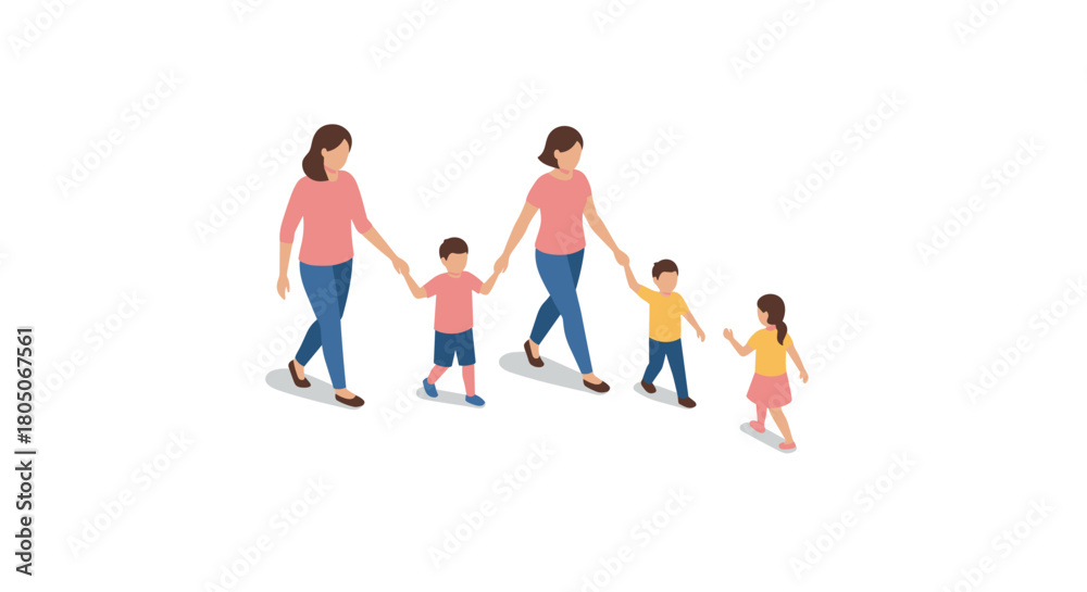Obraz premium Isometric family strolling: mothers and children walking outdoors in casual outfits