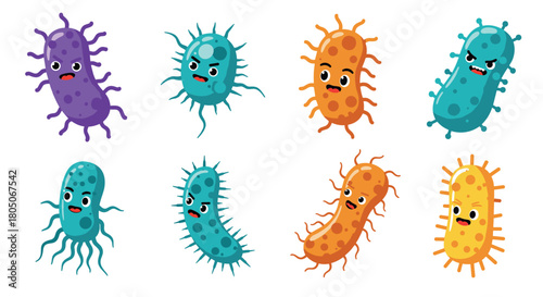 Cartoon bacteria characters with emotions in vibrant colors