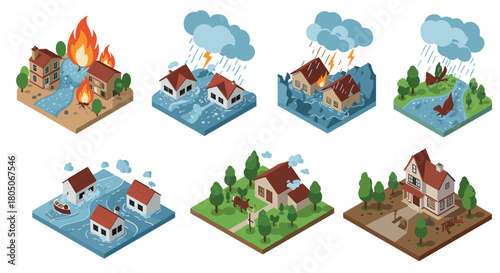 Isometric natural disaster scenarios: floods, storms, and wildfires in suburban areas