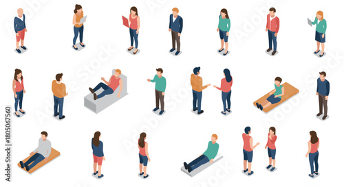 Isometric people engaged in various activities on white background