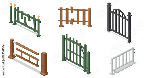 Isometric fence collection: wooden, metal, and decorative designs