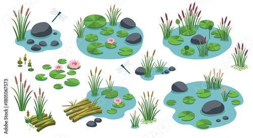 Tranquil pond scenes with lotus flowers, dragonflies, and lilypads in isometric style