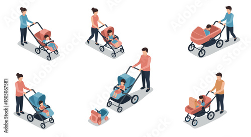 Isometric family scenes: parents strolling with children in modern strollers