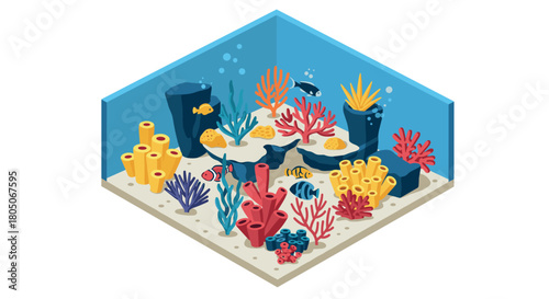 Colorful isometric underwater coral reef with diverse marine life elements